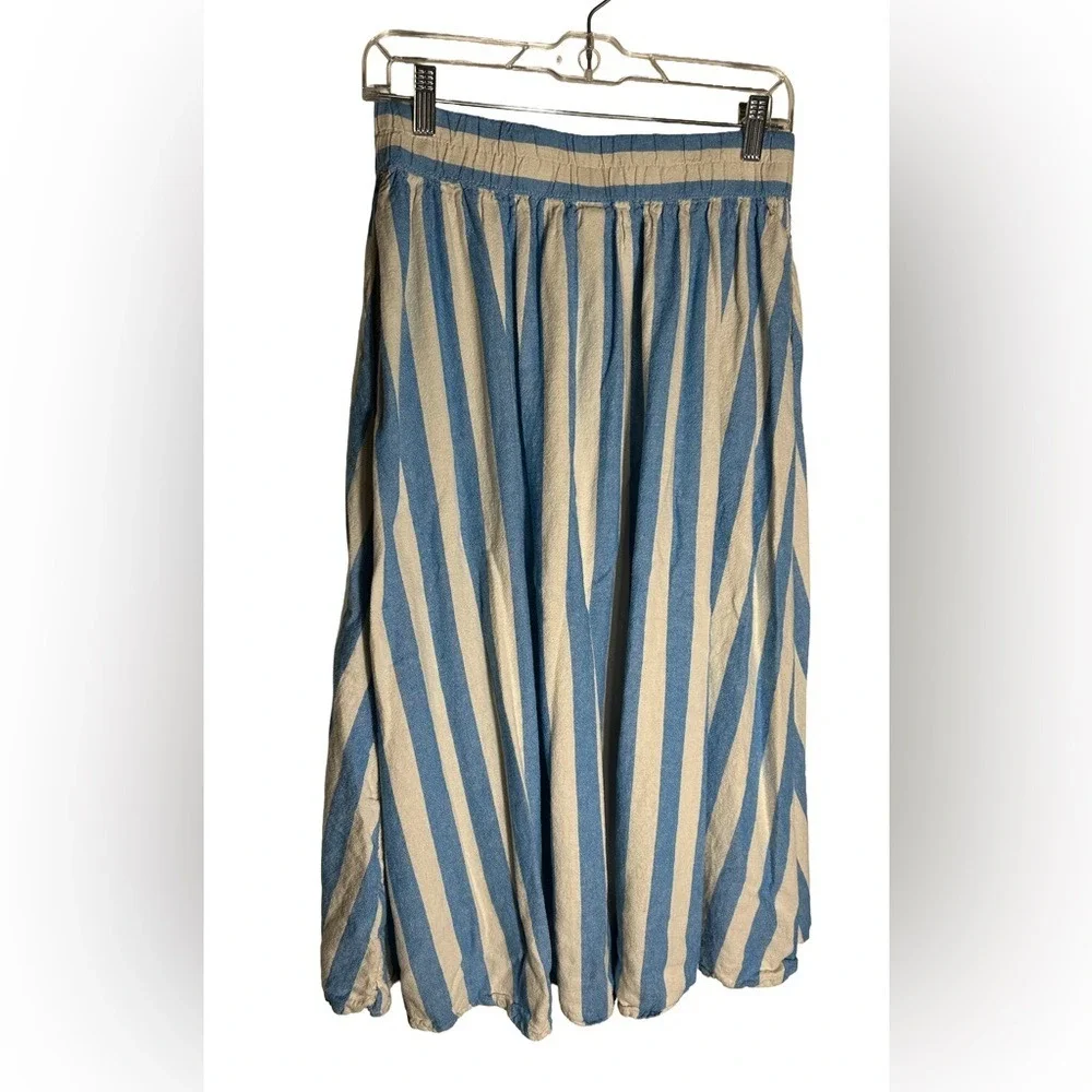A New Day‎ Blue White Striped Linen Blend Midi Skirt Elastic Waist Small - Picture 2 of 4